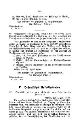 Staatsbeihilfen zum Ankaufe von Schuldienstländereien : [F. Oeffentliches Volksschulwesen]