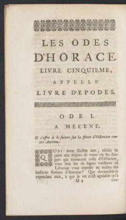 Les Odes D'Horace. Livre Cinquieme, Appellé Livre D'Epodes.