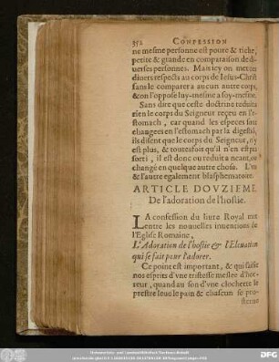 Article Douzieme. De l'adoration de l'hostie.