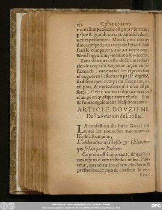 Article Douzieme. De l'adoration de l'hostie.