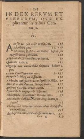 Index Rerum Et Verborum, Quae Explicantur in tribus Centuriis.