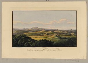 Aussicht vom Großen Winterberg in der Sächsischen Schweiz nach Süden ins Elbtal und auf die Tafelberge, aus Richters 30 An- und Aussichten zum Taschenbuch für die Sächsische Schweiz