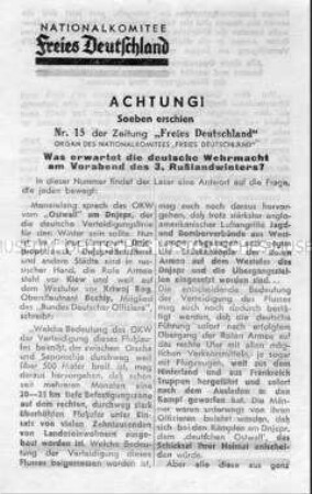 Abwurf-Flugblatt des NKFD mit einer Vorschau auf die neue Aufgabe der Zeitung "Freies Deutschland"