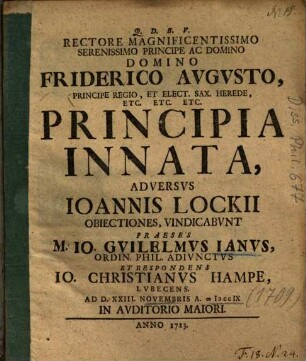 Principia Innata : Adversvs Ioannis Lockii Obiectiones