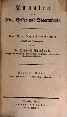 Annalen der Erd-, Völker- und Staatenkunde. 4, 4. 1831