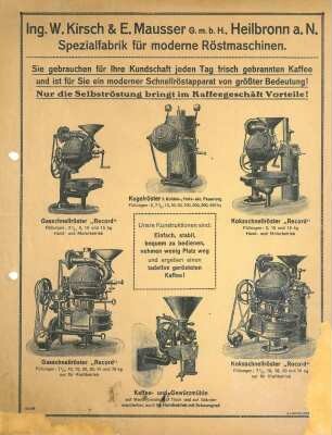 Werbeblatt der Fa. Kirsch u. Mausser für Kaffeeröstmaschinen