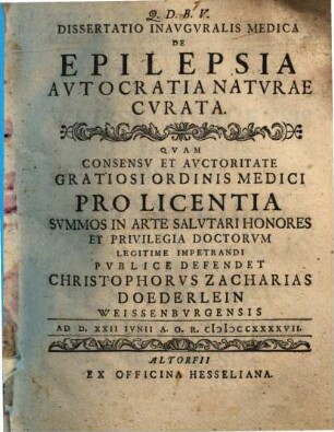Dissertatio Inavgvralis Medica De Epilepsia Avtocratia Natvrae Cvrata