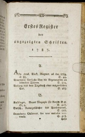 Erstes Register der angezeigten Schriften 1787.