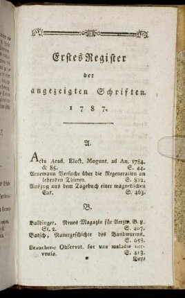 Erstes Register der angezeigten Schriften 1787.