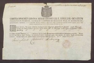 Konfirmationszeugnis des Landgrafen Karl Philipp von Fürstenberg.