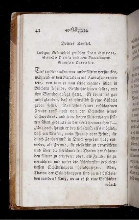 Drittes Kapitel. Lustiges Gesprächsel zwischen Don Quixote, Sancho Pansa und dem Baccalaureus Samson Carrasco.
