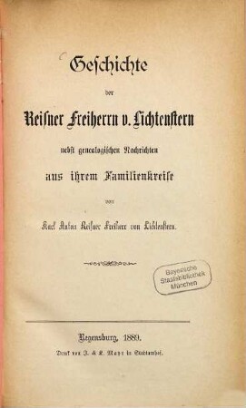 Geschichte der Reisner Freiherrn v. Lichtenstern nebst genealogischen Nachrichten aus ihrem Familienkreise
