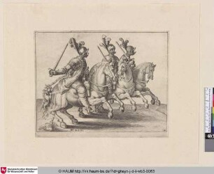 [Drei Kavalleristen mit gezogenem Schwert, nach rechts reitend; Three Cavalrymen in Full Armour with Drawn Swords, Galloping to the Right]