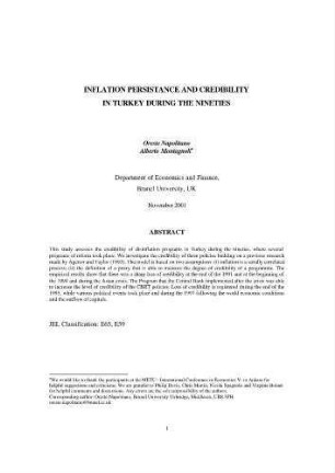 Inflation Persistance And Credibility In Turkey During The Nineties