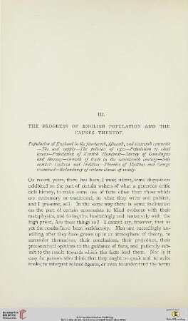 III. The progress of English population and the causes thereof