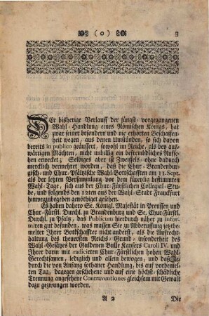 Reichs-Satzungs-mäßiges Betragen Der Beyden Königl. Preußisch- und Chur-Brandenburgisch- und Chur-Pfältzischen Wahl-Gesandtschafften bey dem jüngstvorgewesenen Wahl-Convent zu Franckfurt am Mayn