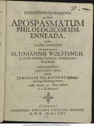 Exercitatio Gymnastica exhibens Apospasmatum Philologicorum Enneada