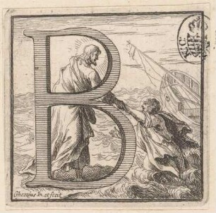 Initiale B (Jesus rettet Petrus vor dem Ertrinken), aus: Clementis Undecimi Pont. Max. Bullarium, 2 Bde., Rom 1723