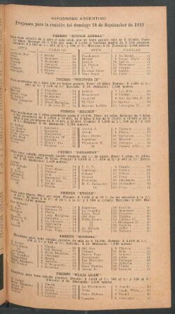 Hipódromo Argentino - Programa para la reunión del domingo 18 de Septiembre de 1910