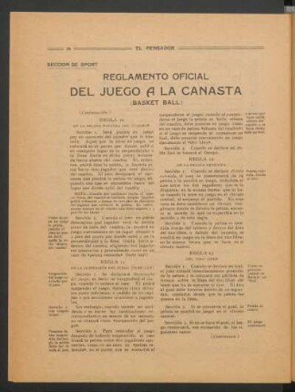 Reglamento oficial del juego a la canasta (basket ball) - (Continuación) : Sección de sport