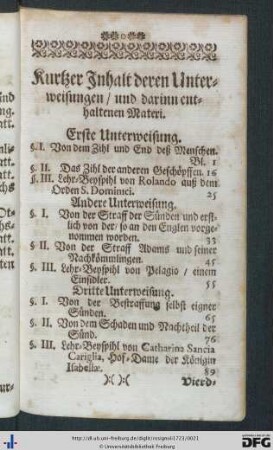 Kurtzer Inhalt deren Unterweisungen und darinn enthaltenen Materi.