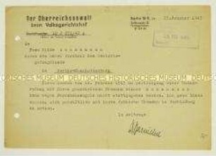 Schreiben aus dem Büro des Oberreichsanwalts mit der Ablehnung einer Besuchserlaubnis für Werner Schaumann - Personenkonvolut