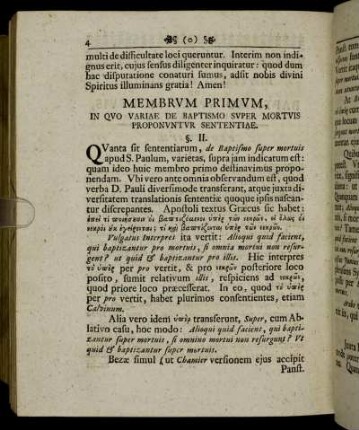 Membrum Primum, In Quo Variae De Baptismo Super Mortuis Proponuntur Sententiae.