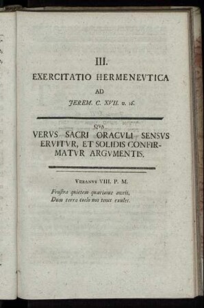 III. Exercitatio Hermeneutica Ad Jerem. C. XVII. v. 16.