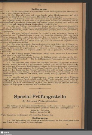 VII. Special-Prüfungsstelle für Schweizer Postwerthzeichen