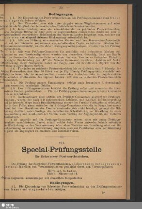 VII. Special-Prüfungsstelle für Schweizer Postwerthzeichen