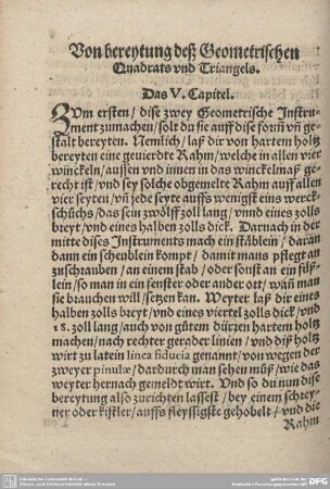 Von bereytung deß Geometrischen Quadrats und Triangels. Das V. Capitel.