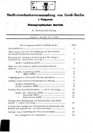 Nr. 27, 29. April 1947, Ordentliche Sitzung