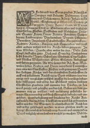 Wir Ferdinand von Gotts gnaden Römischer zu Hungern und Behaim/ Dalmatien/ Croatien/ und Sclavonien etc. König ...