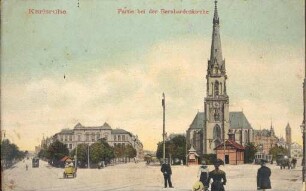 Postkartenalbum. "Karlsruhe - Partie bei der Bernharduskirche". Kirche St. Bernhard und Umgebung