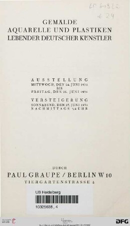 Gemälde, Aquarelle und Plastiken lebender deutscher Künstler : Versteigerung Sonnabend, den 27. Juni 1931