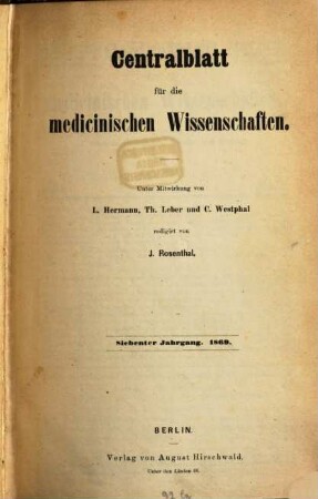 Centralblatt für die medicinischen Wissenschaften, 7. 1869