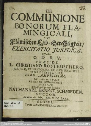 De communione bonorum Flamingicali ... ecxercitatio juridica