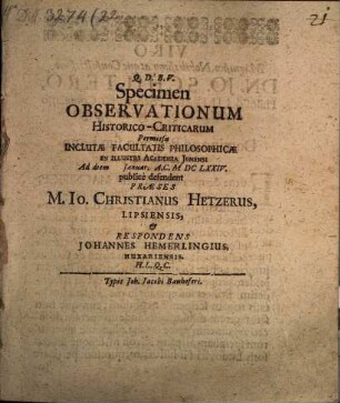 Specimen observationum historico-criticarum