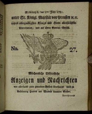 No. 27. Montags, den 2ten July 1781.