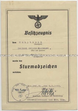 Besitzzeugnis zum Sturmabzeichen für einen Hauptmann der Wehrmacht