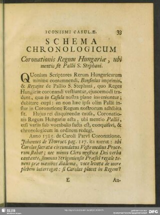 Schema Chronologicum Coronationis Regum Hungariae, ubi mentio sit Pallii S. Stephani