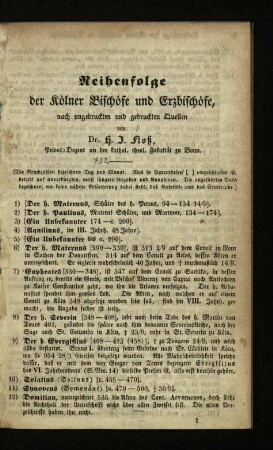 Reihenfolge der Kölner Bischöfe und Erzbischöfe, nach ungedruckten und gedruckten Quellen