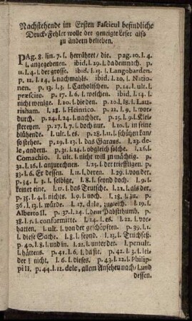 Nachstehende im Ersten Fascicul befindliche Druck-Fehler wolle der geneigte Leser also zu ändern belieben