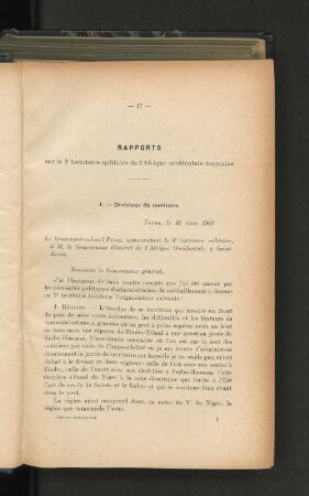 Rapport sur le troisième territoire militaire de l´Afrique occidentale française