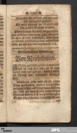 Die funffzehende Abtheilung/ Von Reichthumb.