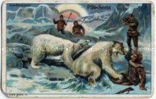 Sammelbild "Eisbärenjagd" der Pilo-Serie aus der Serie Jagd mit Werbung für Pilo Schuhcreme auf der Rückseite (Serie 5456, Nr. 4)