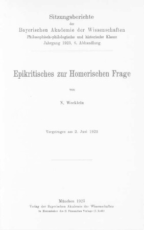 Epikritisches zur homerischen Frage
