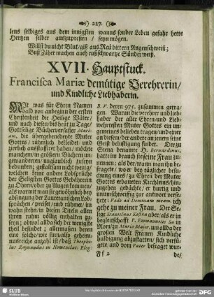 XVII. Hauptstuck. Francisca Mariae demuetige Verehrerin, und Kindliche Liebhaberin