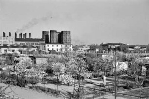 Berlin, Kleingartenanlage im Hintergrund Kraftwerk
