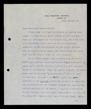 Nr. 1: Brief von Arthur Stanley Eddington an Karl Schwarzschild, London, 20.1.1908
